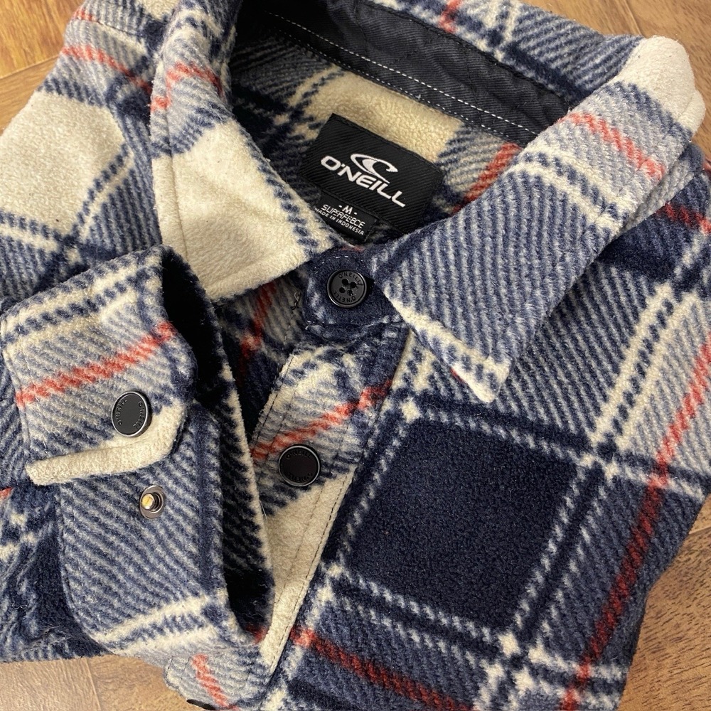 O'Neill Superfleece Flannel Shirt Men's Medium Blue White Red Plaid